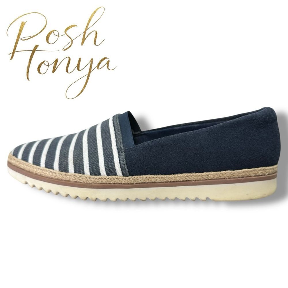 Clarks Serena Paige Navy Stripe‎ Slip On Espadrille Loafer Size 9.5 Coastal Chic
